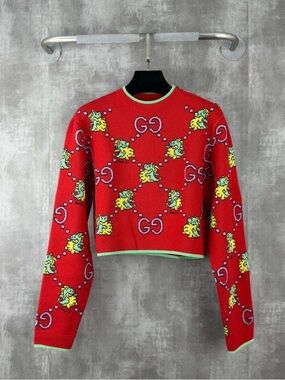 🚩steal Gucci Red Knit Sweater with Mint Green Trim